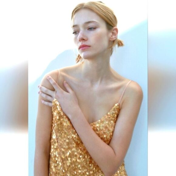ZARA GOLD SEQUIN KNIT SLIP DRESS bloggers favorite - Picture 13 of 16